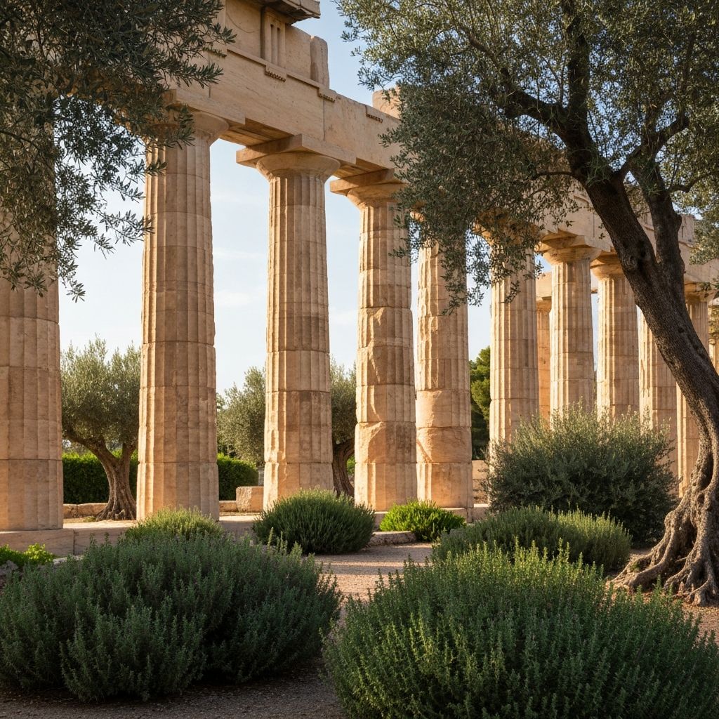 Ancient columns with Mediterranean garden